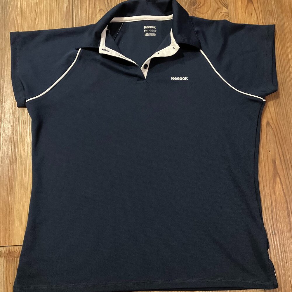 Women's M Navy Blue White Trim Reebok Blouse Collar V Neck Buttons Athetic